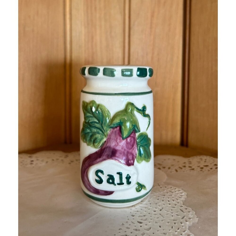 Vintage Ceramic Salt Shaker With Eggplant Leaf Design Cork Stopper Kitchen Decor
